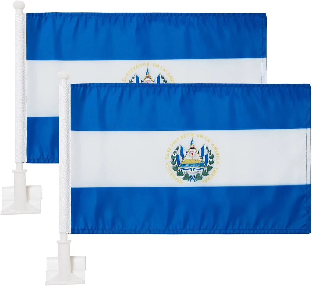Car Window Flag of El Salvador 11X18 Inch(28x46cm) 100% Polyester, Strong White Flagpole by flagsshop