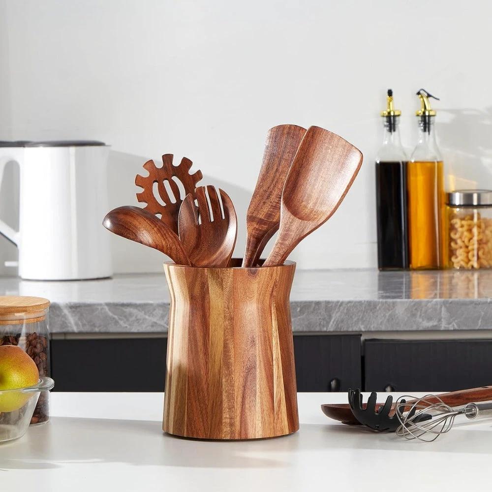 Elegant Acacia Wood Rotating Utensil Holder by Casa & Beyond