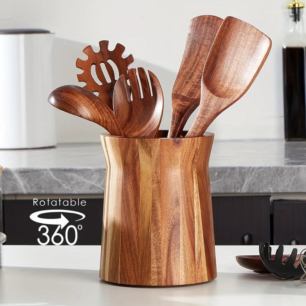 Elegant Acacia Wood Rotating Utensil Holder by Casa & Beyond