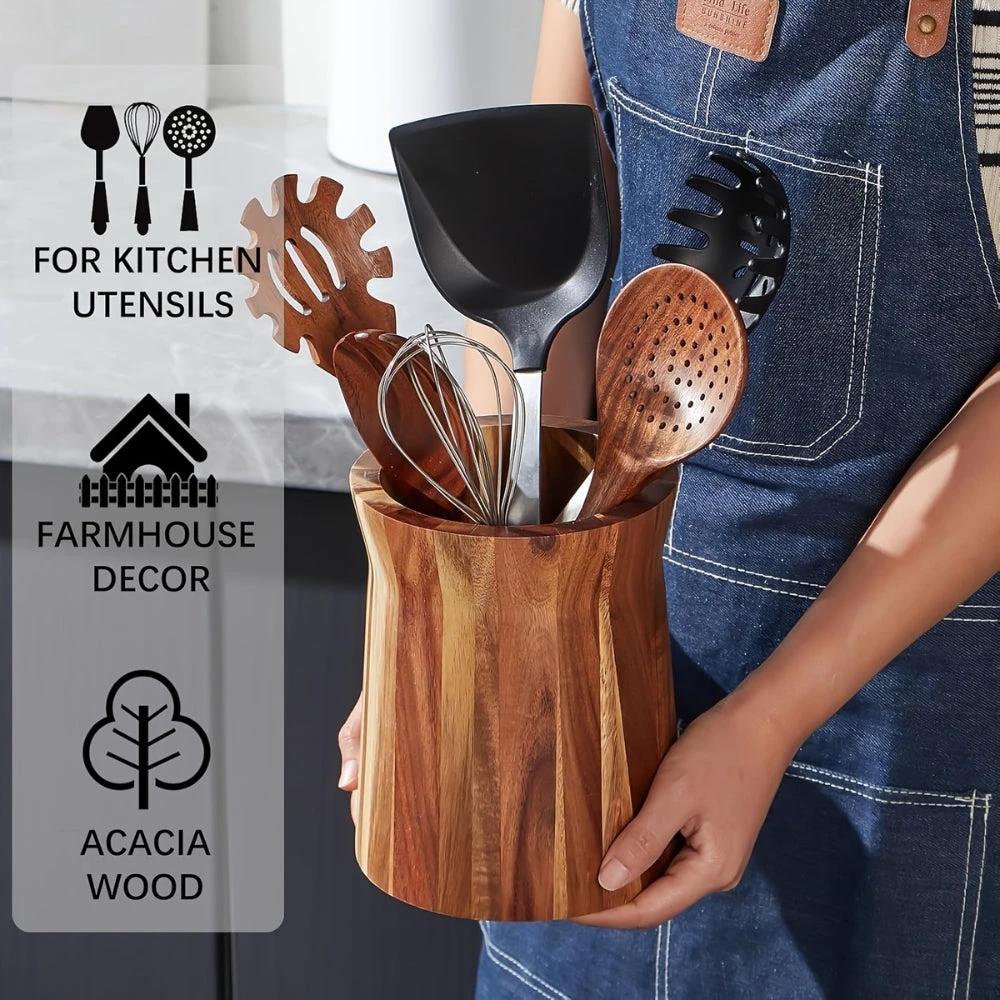 Elegant Acacia Wood Rotating Utensil Holder by Casa & Beyond