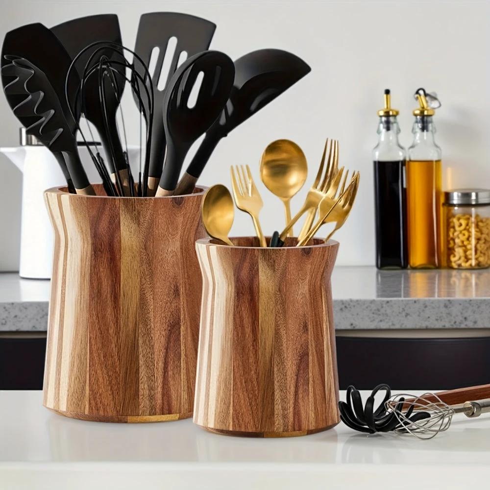 Elegant Acacia Wood Rotating Utensil Holder by Casa & Beyond