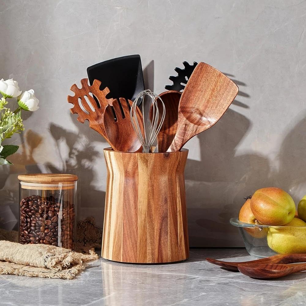 Elegant Acacia Wood Rotating Utensil Holder by Casa & Beyond