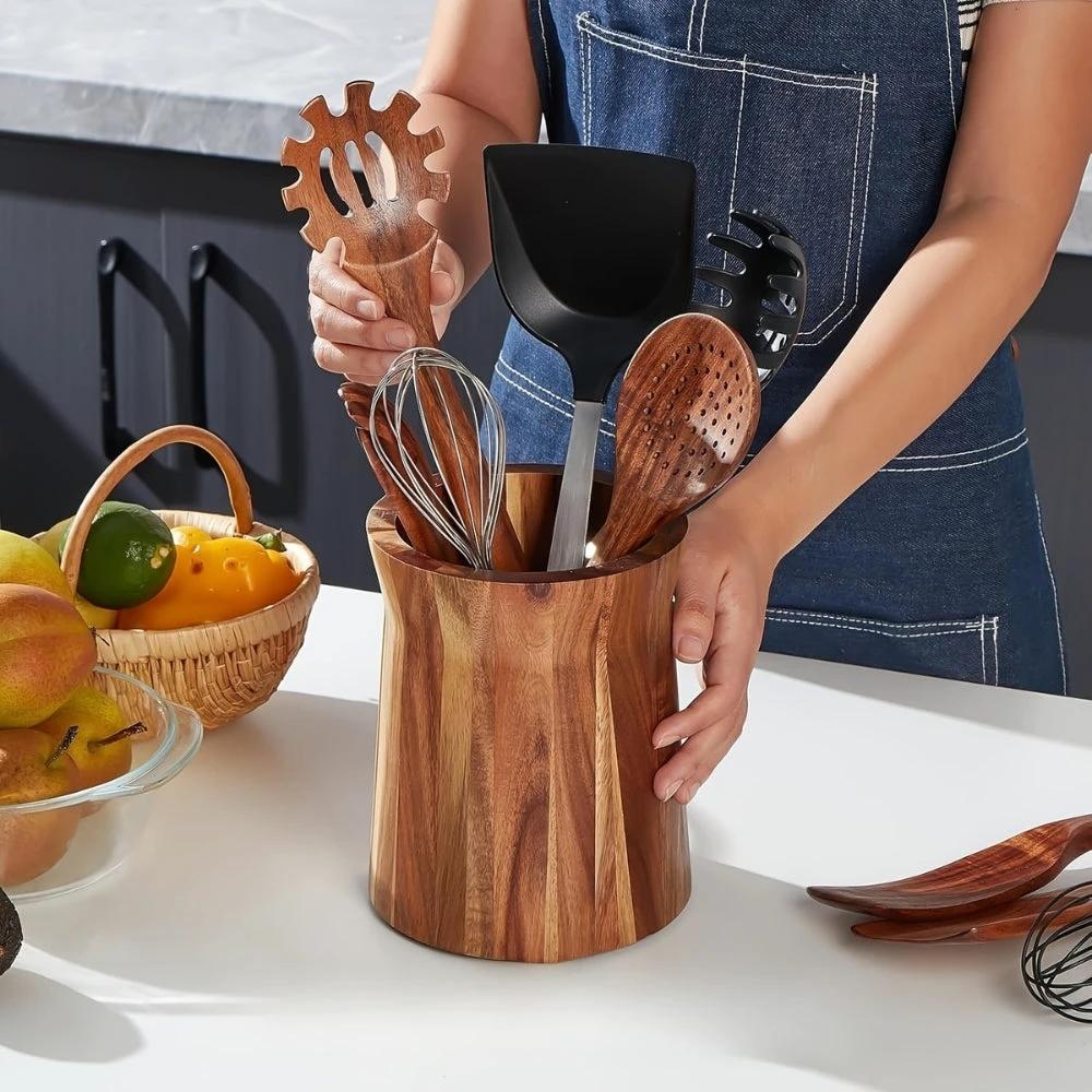 Elegant Acacia Wood Rotating Utensil Holder by Casa & Beyond