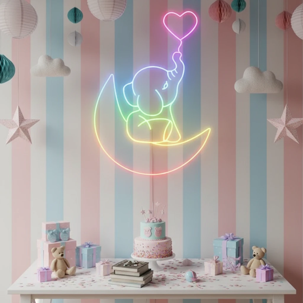 Elephant in the Moon Neon Sign Kids Room Decor by Neonchics
