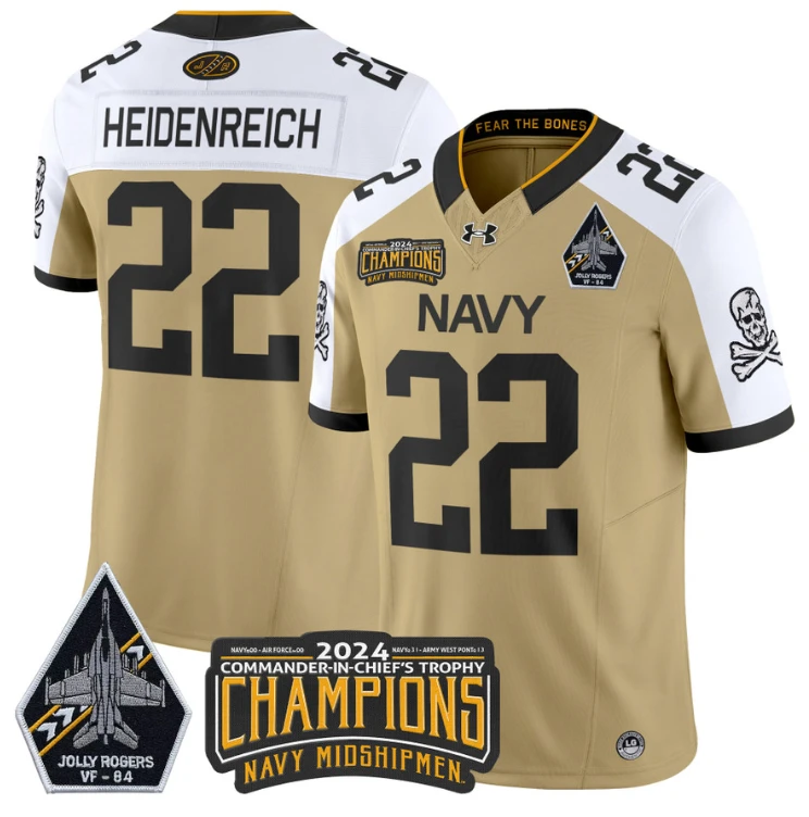 Eli Heidenreich Jersey #22 Navy Midshipmen 2024 Jolly Rogers Champions Gold White by NCAA Football Jersey