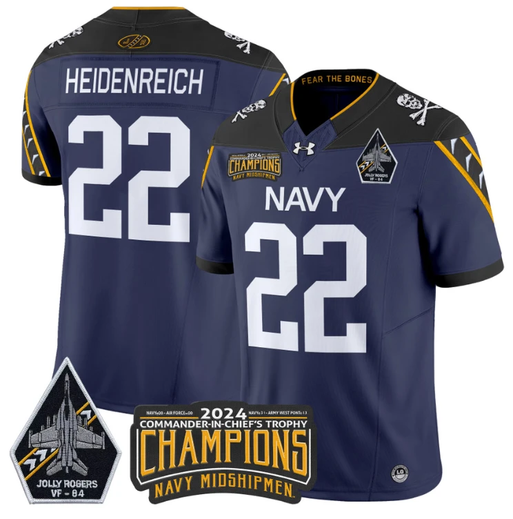 Eli Heidenreich Jersey #22 Navy Midshipmen 2024 Jolly Rogers Champions Navy by NCAA Football Jersey