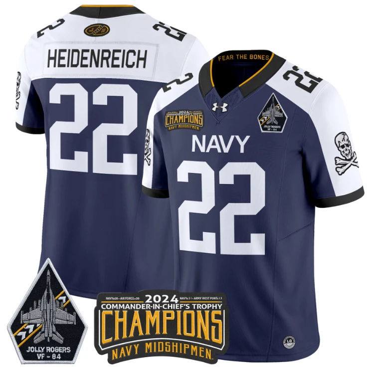 Eli Heidenreich Jersey #22 Navy Midshipmen 2024 Jolly Rogers Champions Navy White by NCAA Football Jersey