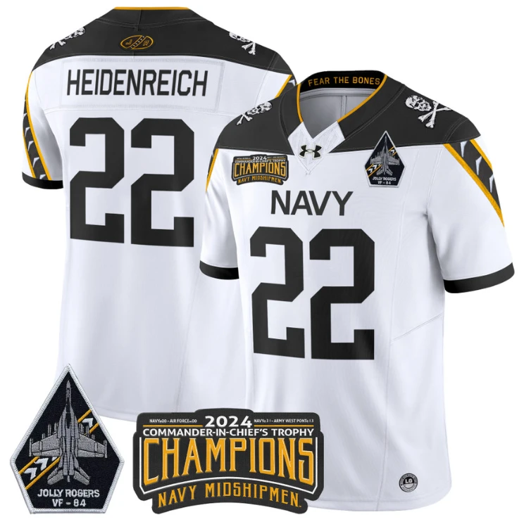 Eli Heidenreich Jersey #22 Navy Midshipmen 2024 Jolly Rogers Champions White by NCAA Football Jersey