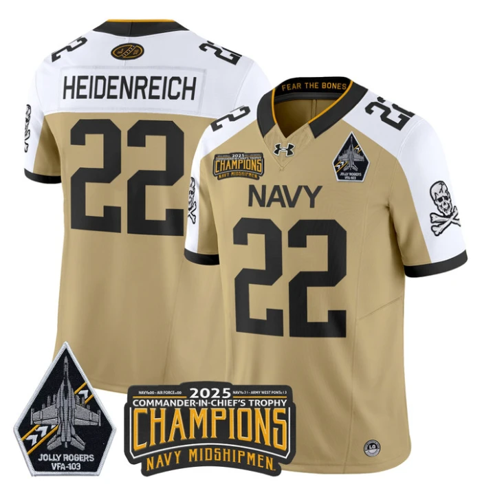 Eli Heidenreich Jersey #22 Navy Midshipmen Jolly Rogers 2025 Trophy Gold Alternate by My Store NCAA Football Jerseys