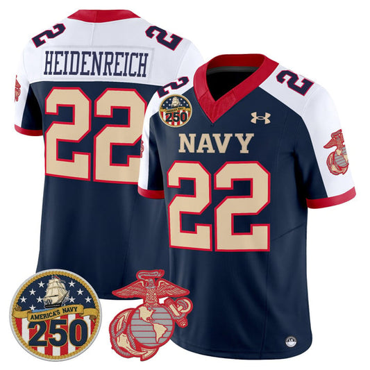 Eli Heidenreich Jersey #22 Navy Midshipmen USMC 250th Patch Stitched by My Store NCAA Football Jerseys