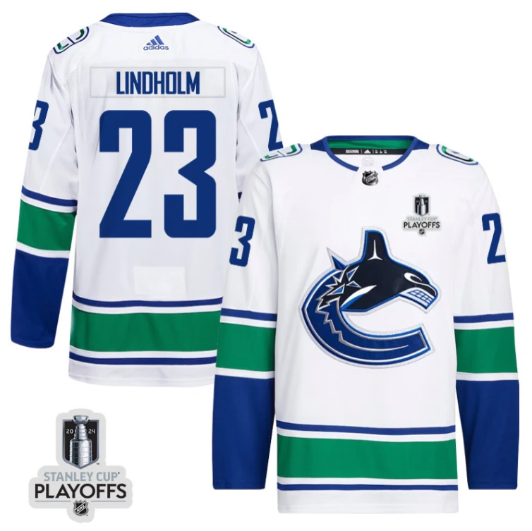 Elias Lindholm 23 Vancouver Canucks 2024 NHL Playoffs Patch Away Jersey - Men, White by Hockey David