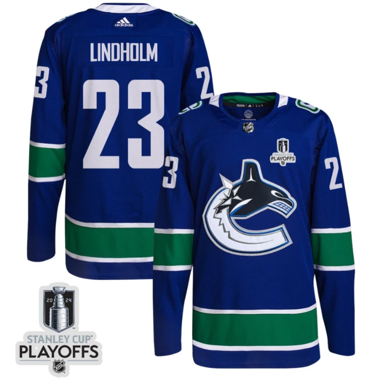 Elias Lindholm 23 Vancouver Canucks 2024 NHL Playoffs Patch Home Jersey - Men, Blue by Hockey David