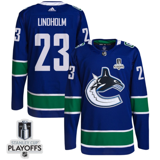 Elias Lindholm 23 Vancouver Canucks 2024 NHL Playoffs Patch Home Jersey - Men, Blue by Hockey David
