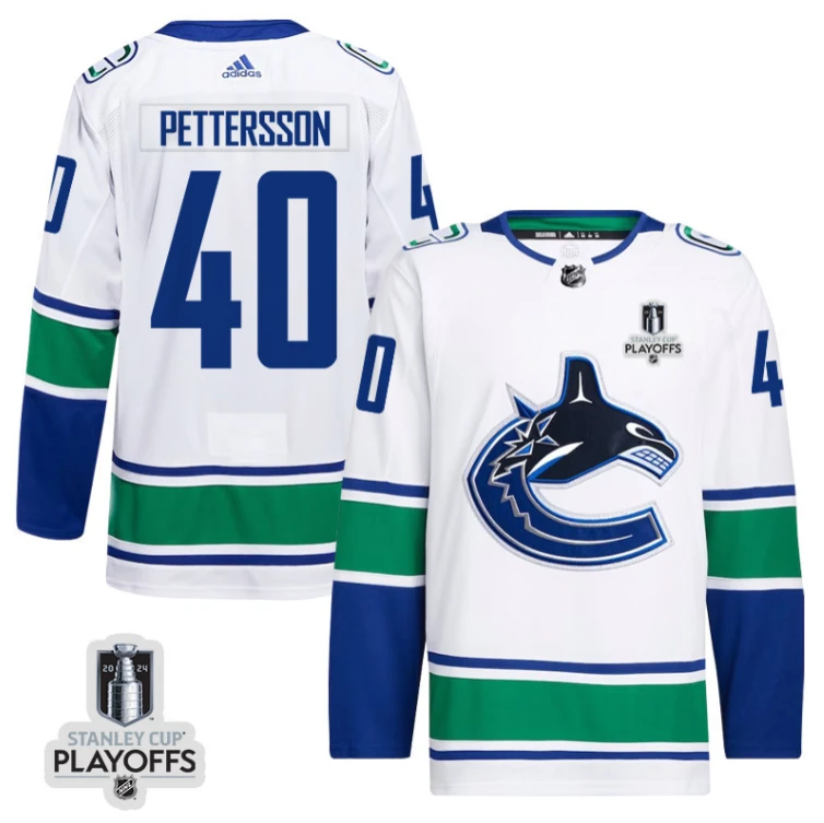 Elias Pettersson 40 Vancouver Canucks 2024 NHL Playoffs Patch Away Jersey - Men, White by Hockey David