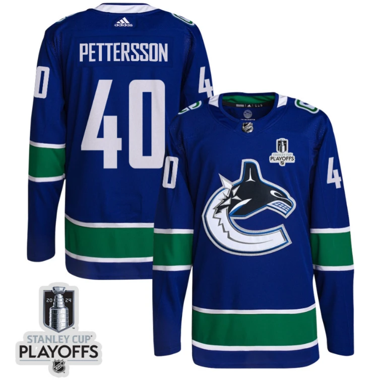 Elias Pettersson 40 Vancouver Canucks 2024 NHL Playoffs Patch Home Jersey - Men, Blue by Hockey David