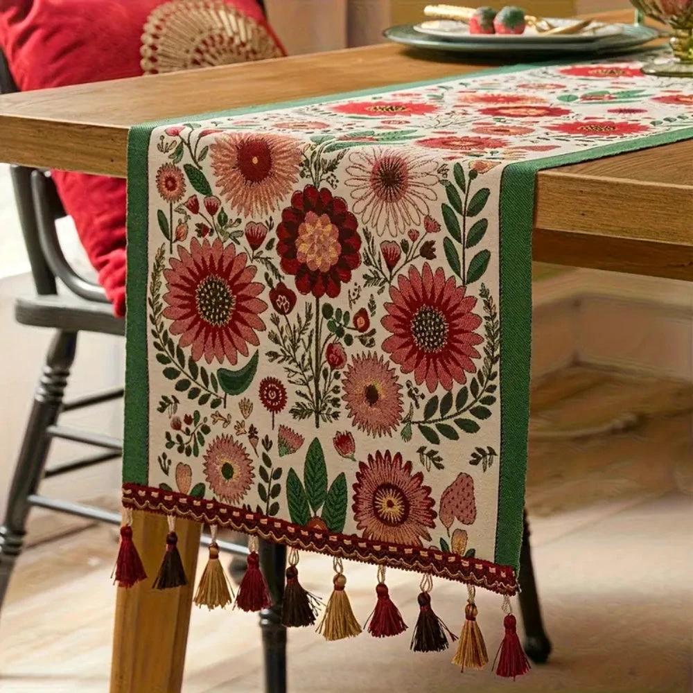 Embroidered Floral Tassel Table Runner by Casa & Beyond