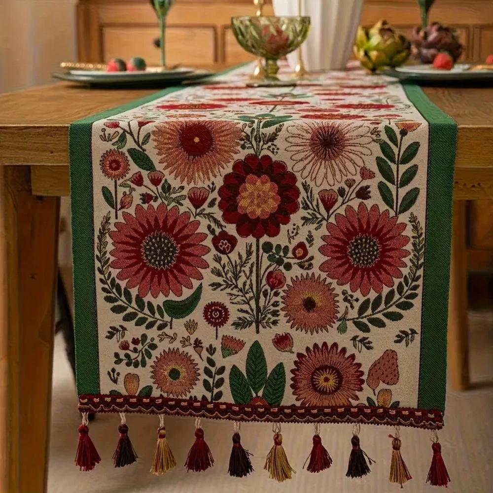 Embroidered Floral Tassel Table Runner by Casa & Beyond