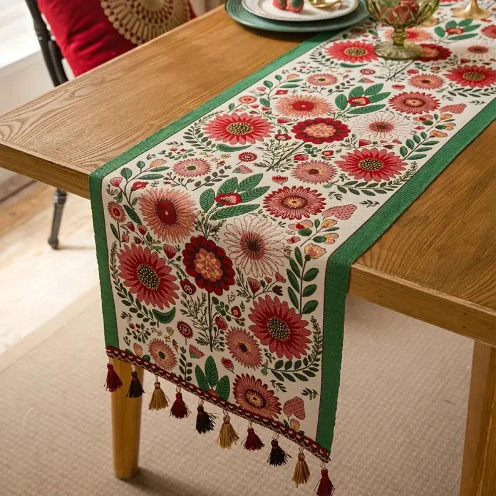 Embroidered Floral Tassel Table Runner by Casa & Beyond