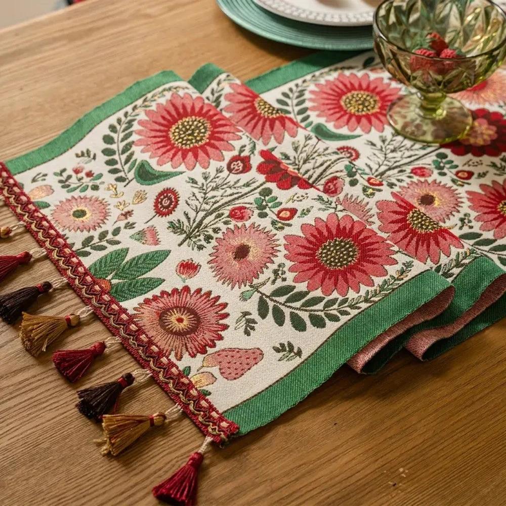 Embroidered Floral Tassel Table Runner by Casa & Beyond