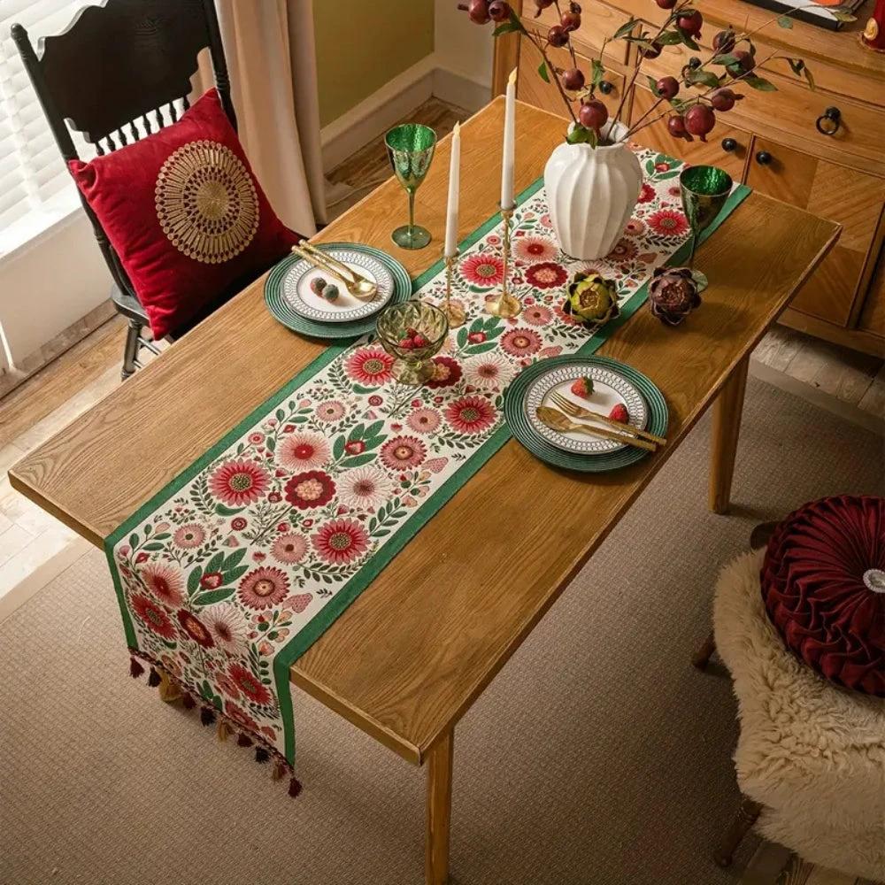 Embroidered Floral Tassel Table Runner by Casa & Beyond