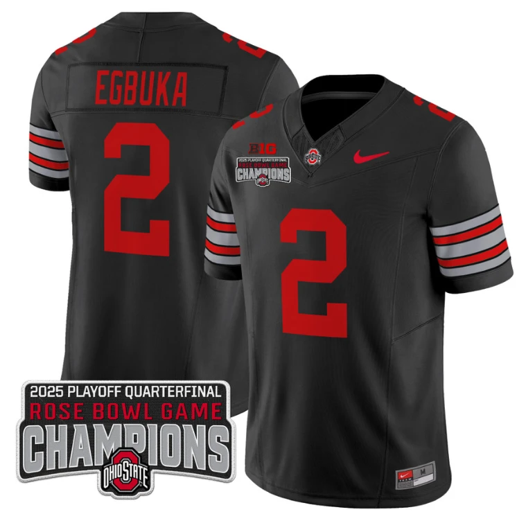 Emeka Egbuka Jersey #2 Ohio State 2025 Rose Bowl Champions Patch Black by NCAA Football Jersey