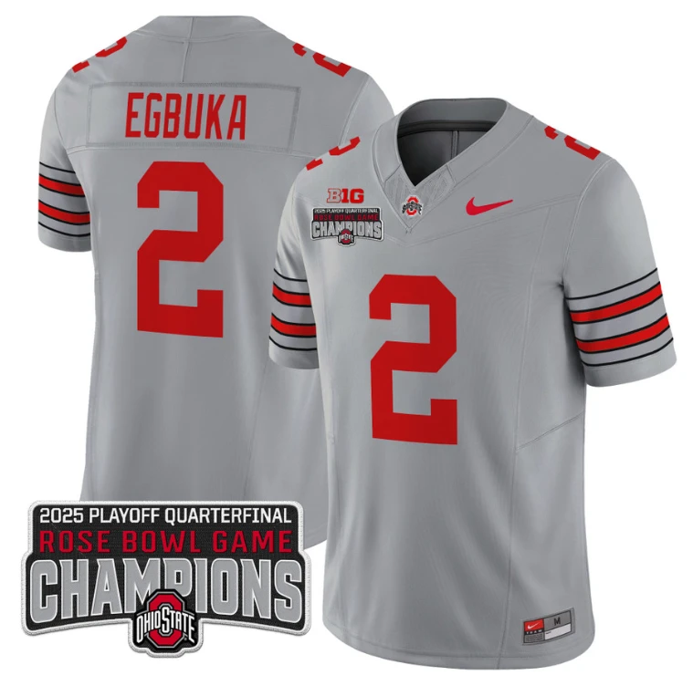 Emeka Egbuka Jersey #2 Ohio State 2025 Rose Bowl Champions Patch Gray by NCAA Football Jersey