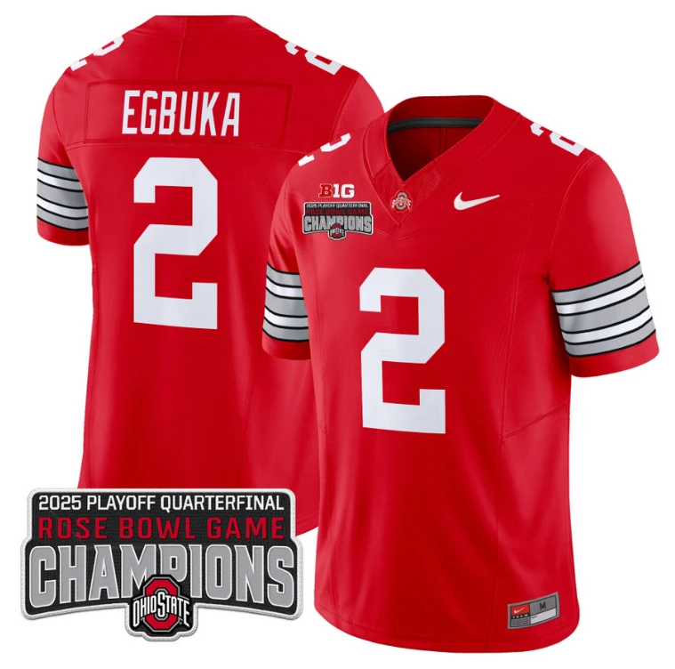 Emeka Egbuka Jersey #2 Ohio State 2025 Rose Bowl Champions Patch Red by NCAA Football Jersey