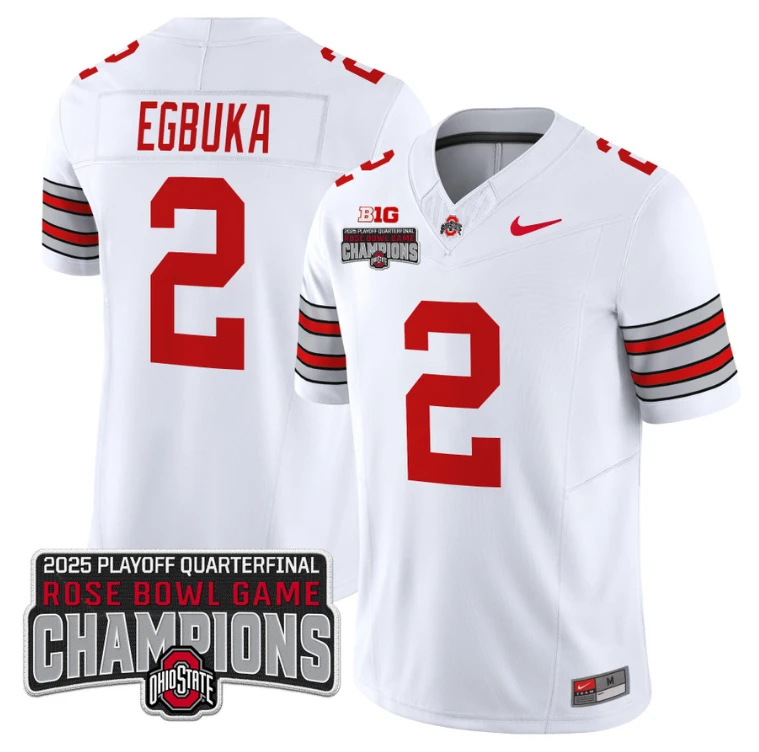 Emeka Egbuka Jersey #2 Ohio State 2025 Rose Bowl Champions Patch White by NCAA Football Jersey