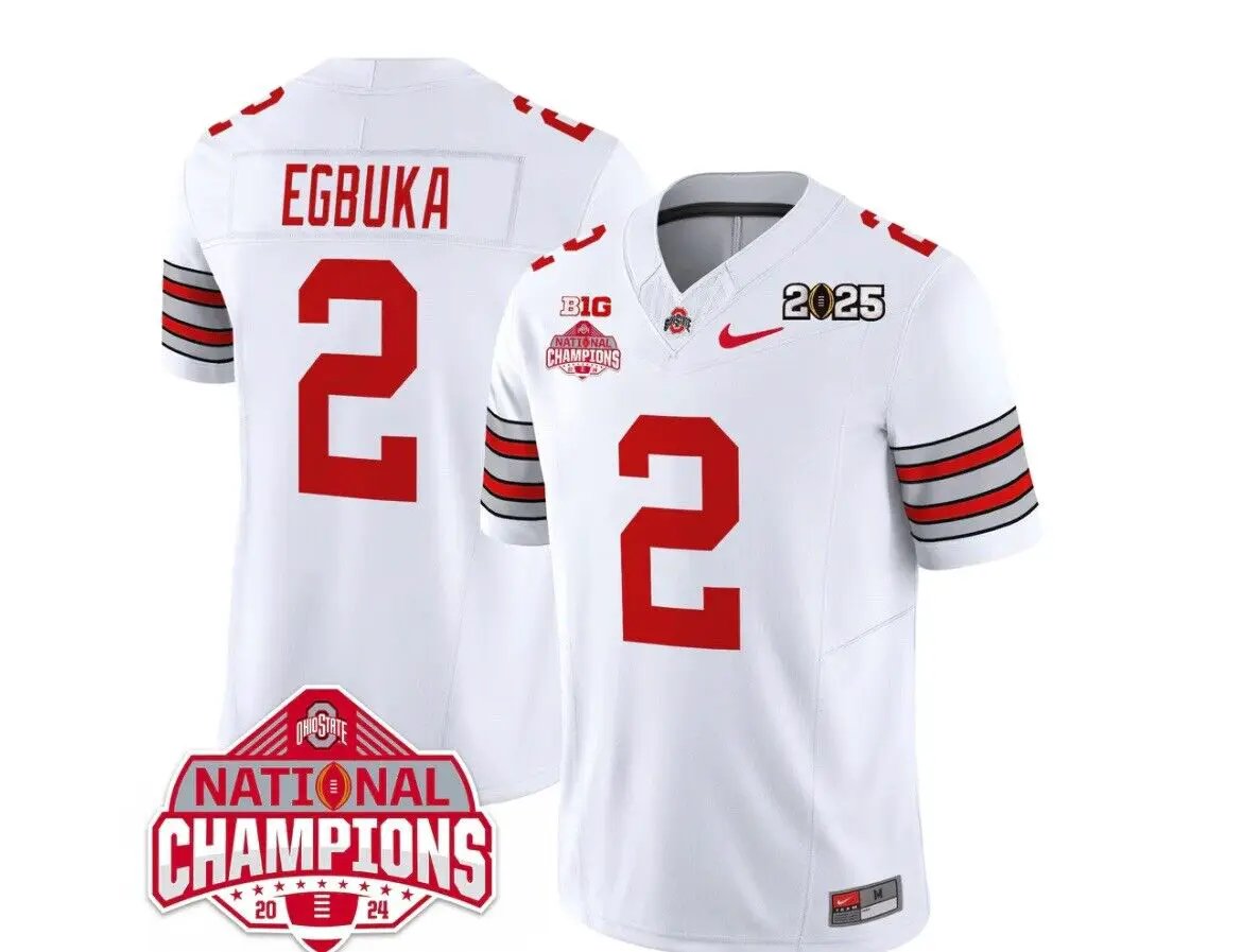 Emeka Egbuka Jersey #2 Ohio State National Championships 2024 Patch White Away by NCAA Football Jersey