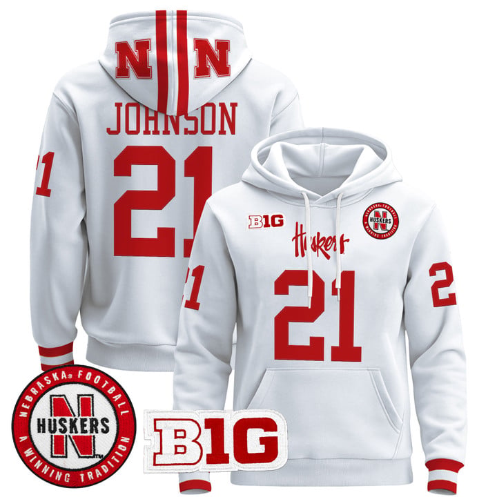 Emmett Johnson Hoodie #21 Nebraska Cornhuskers 2025 Premium Pullover Stitched by Hoodie Pullover