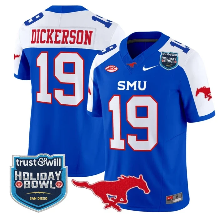 Eric Dickerson Jersey #19 SMU Mustangs 2026 Holiday Bowl Patch Stitched Blue Alternate by My Store NCAA Football Jerseys