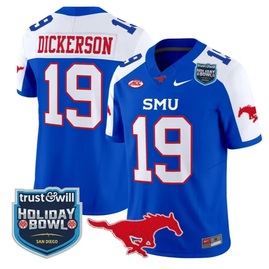 Eric Dickerson Jersey #19 SMU Mustangs 2026 Holiday Bowl Patch Stitched Blue Alternate by My Store NCAA Football Jerseys