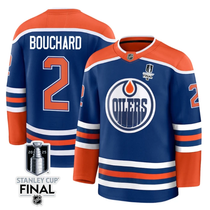 Evan Bouchard 2 Edmonton Oilers 2025 STANLEY CUP Final Patch Home Men Jersey Royal by Hockey David