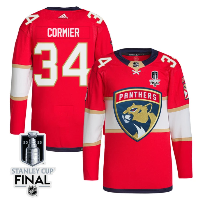 Evan Cormier 34 Florida Panthers 2025 STANLEY CUP Final Patch Home Men Jersey Red by Hockey David