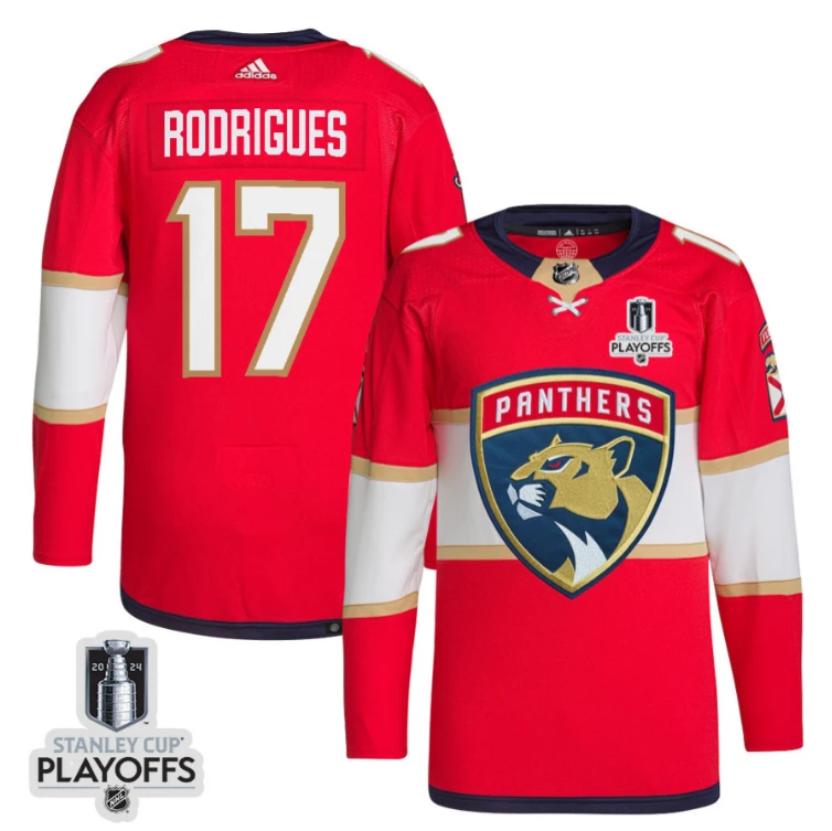 Evan Rodrigues 17 Florida Panthers 2024 NHL Playoffs Patch Home Jersey - Men, Red by Hockey David