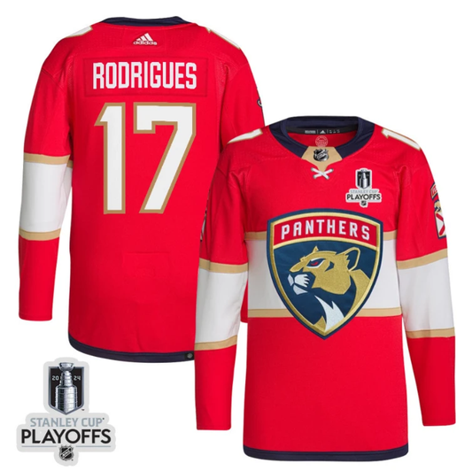 Evan Rodrigues 17 Florida Panthers 2024 NHL Playoffs Patch Home Jersey - Men, Red by Hockey David