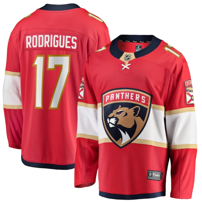 Evan Rodrigues 17 Florida Panthers 2025 Breakaway Player Men Jersey Red by Hockey David