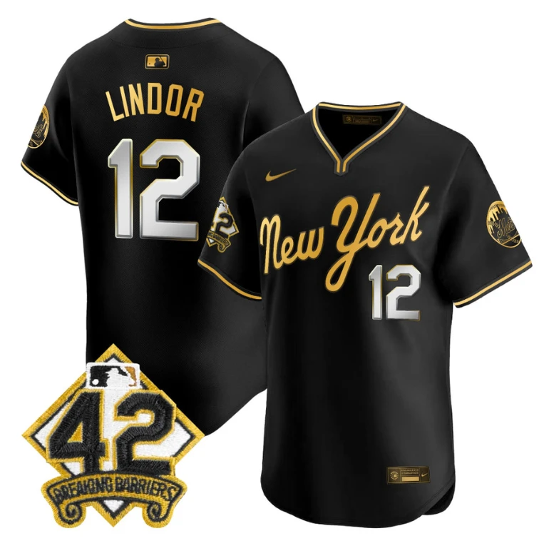 Francisco Lindor Jersey #12 New York Mets 2025 Jackie Robinson Patch Alternate Stitched Black Gold by My Store