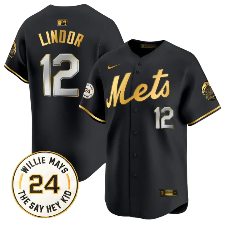 Francisco Lindor Jersey #12 Mets Willie Mays Patch Vapor Premier Limited Stitched Black Gold by My Store