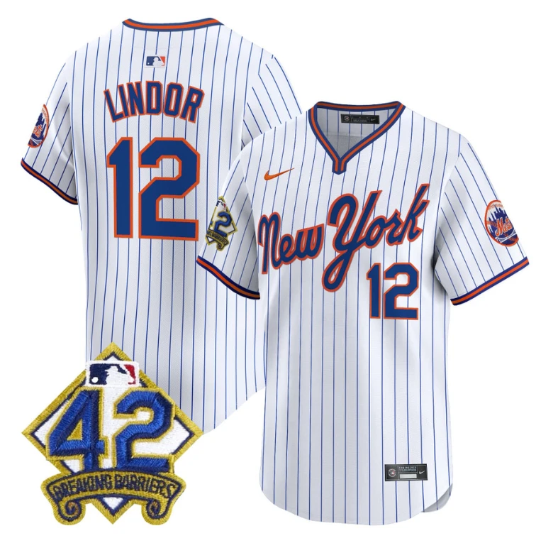 Francisco Lindor Jersey #12 New York Mets 2025 Jackie Robinson Patch Alternate Stitched Pinstripe by My Store