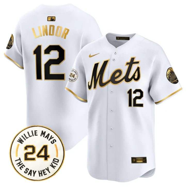 Francisco Lindor Jersey #12 Mets Willie Mays Patch Vapor Premier Limited Stitched White Gold by My Store