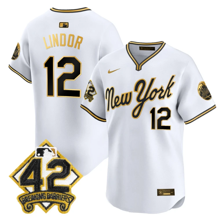 Francisco Lindor Jersey #12 New York Mets 2025 Jackie Robinson Patch Alternate Stitched White Gold by My Store