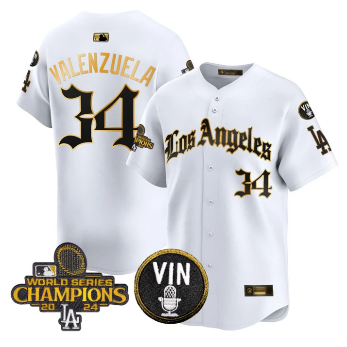 Fernando Valenzuela Jersey #34 Dodgers 2025 LA Gothic Style Stitched White Gold by My Store