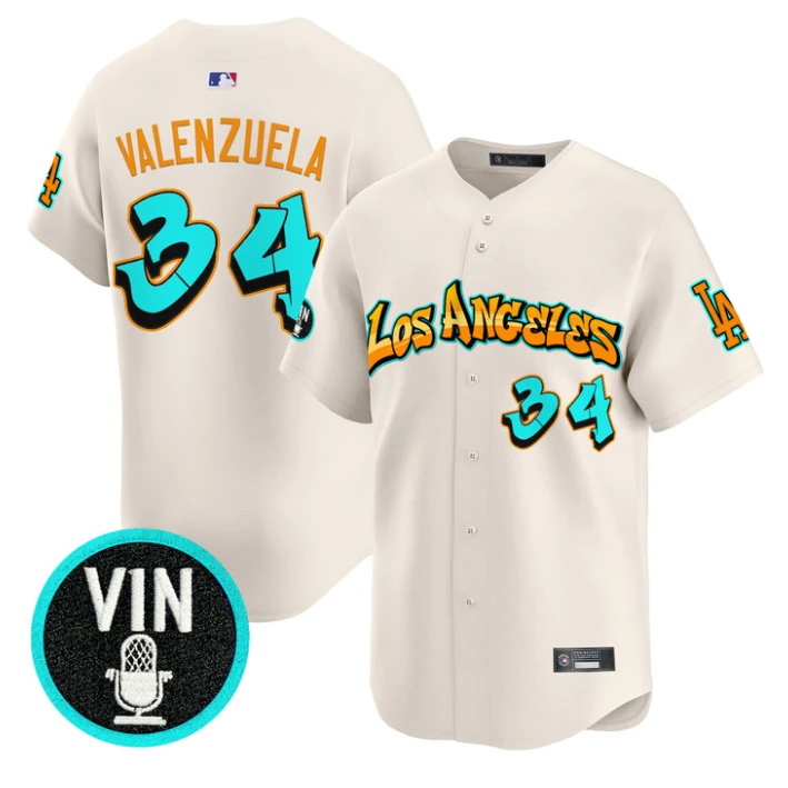 Fernando Valenzuela Jersey #34 Los Angeles Dodgers Graffiti Street Style Cream by My Store