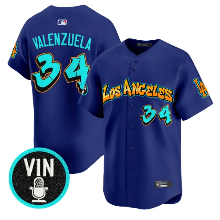 Fernando Valenzuela Jersey #34 Los Angeles Dodgers Graffiti Street Style Royal by My Store