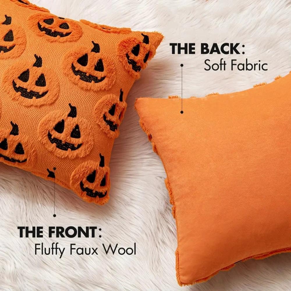 Faux Fleece Halloween Pumpkin Cushion Cover by Casa & Beyond