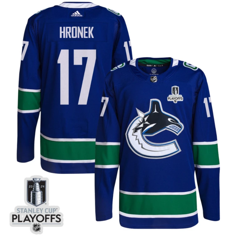 Filip Hronek 17 Vancouver Canucks 2024 NHL Playoffs Patch Home Jersey - Men, Blue by Hockey David