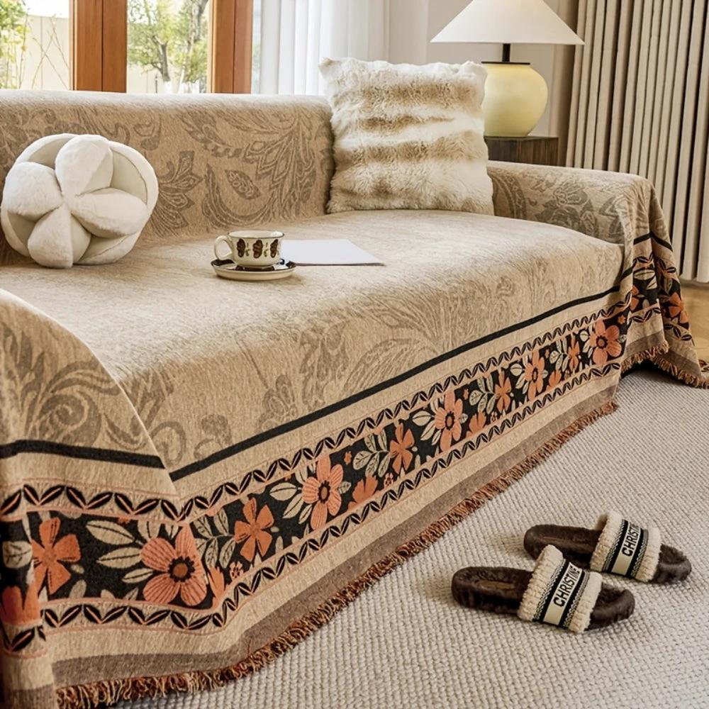 Floral Tasseled Boho Sofa Cover by Casa & Beyond