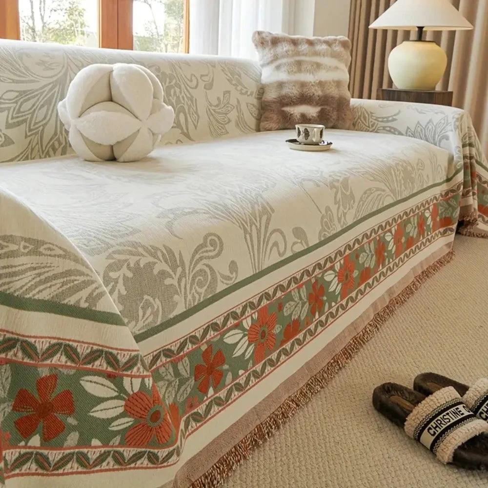 Floral Tasseled Boho Sofa Cover by Casa & Beyond