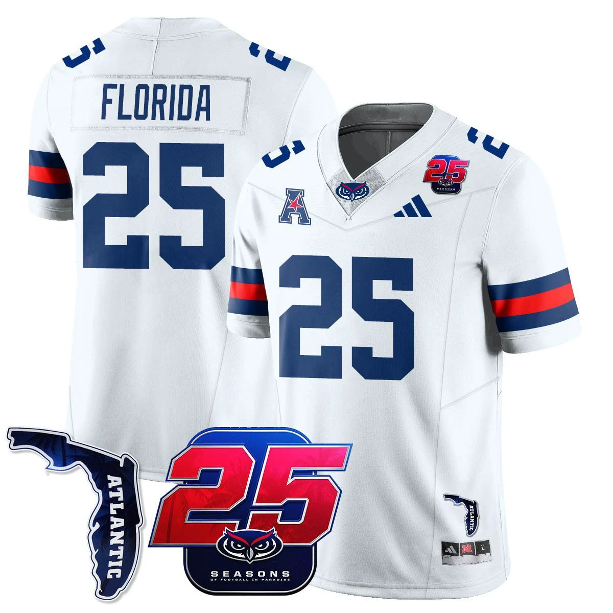 Florida Jersey #25 Florida Atlantic Football 25th Season Stitched White by NCAA Football Jersey